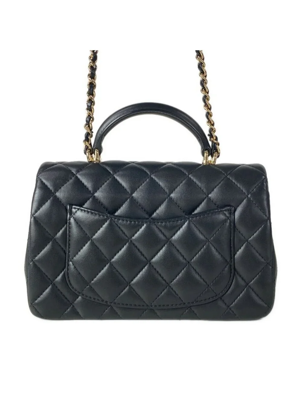 Chanel Shoulder Bag Quilted Top Handle Mini Flap Black Chain Champagne Gold
